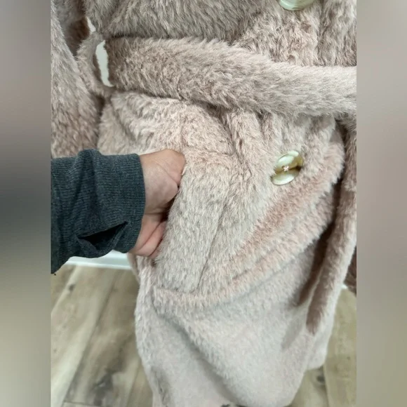 🆕 FREE PEOPLE Cuff it Coat Pink Teddy Cozy Faux Fur Trench Coat Jacket - Picture 7 of 13
